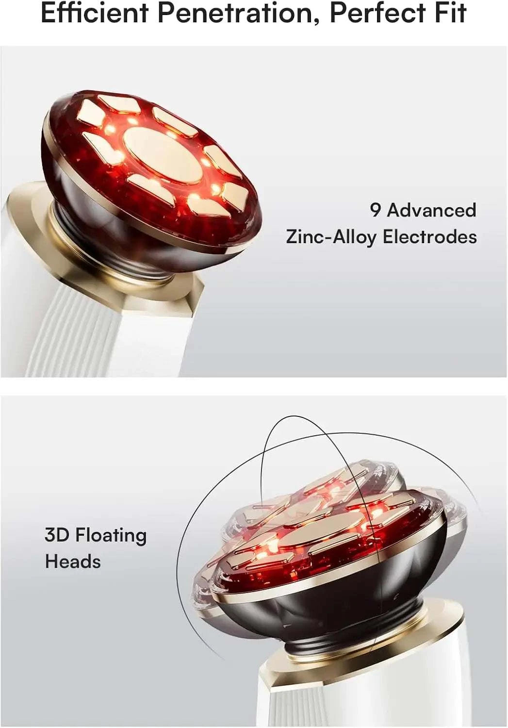 Three-In-One Red Light facial and neck beauty device with red LED lights and metallic massage electrodes
