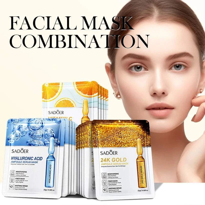 24K Gold Face Mask combination with gold, vitamin C and hyaluronic acid ampoule sheet masks in assorted sachets