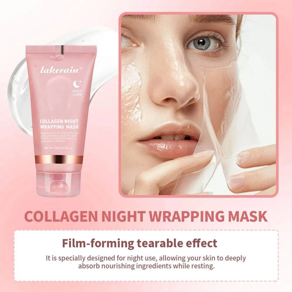 Overnight Wrapping Peel-Off Mask, pink collagen night wrapping mask in a squeezable tube with tearable film texture.