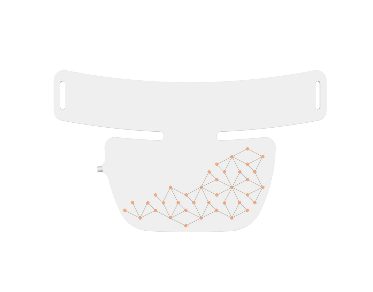 LED Neck Beauty Device in white silicone with orange LED light pattern and wearable curved neck design