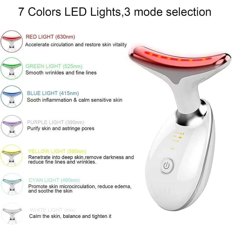 Face and neck massager with white plastic body, curved red LED head, vibration function and 7 LED light colours
