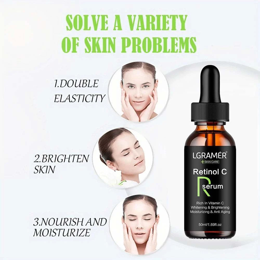 Retinol Aging serum in an amber glass dropper bottle, featuring a black cap and Retinol C formula label