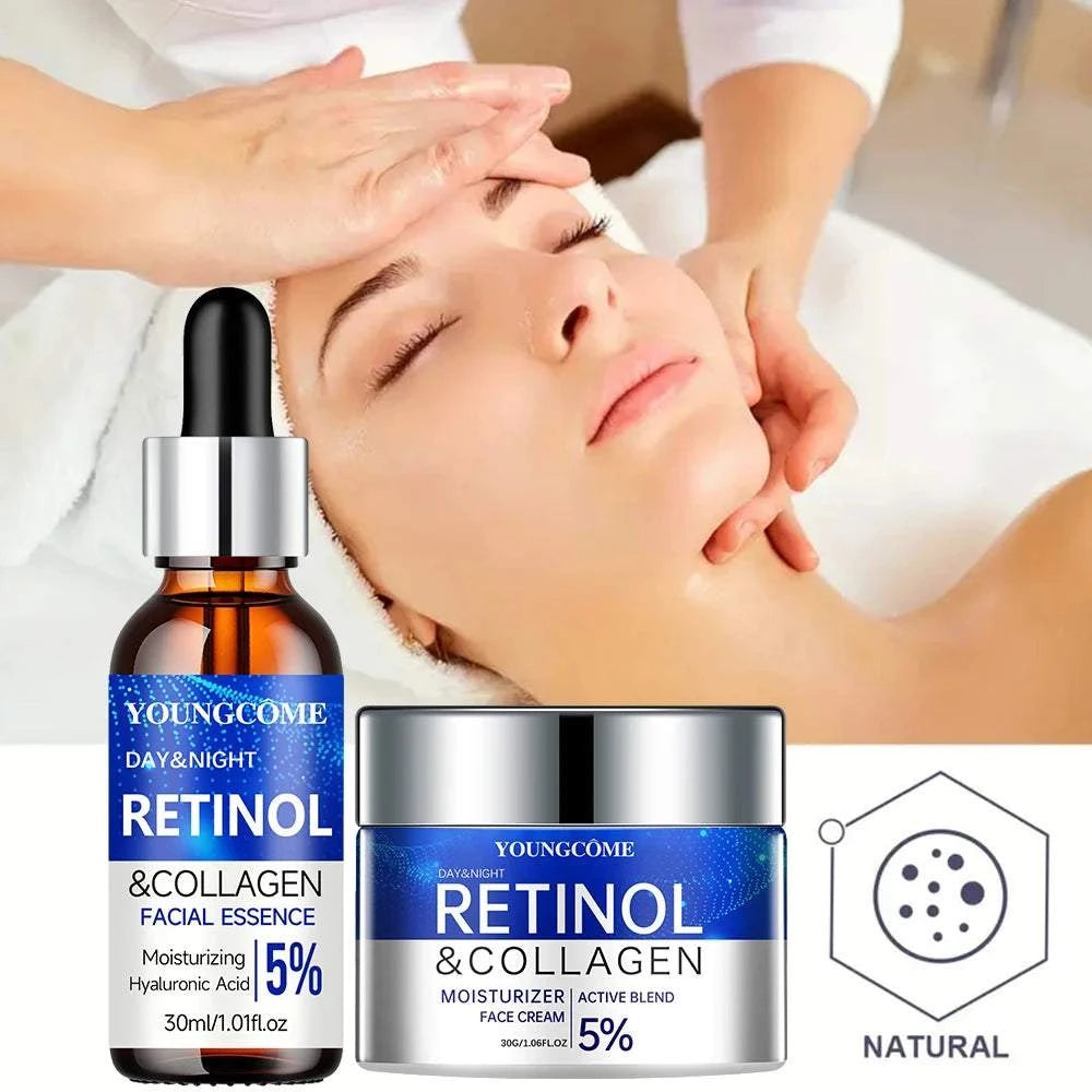 Retinol Cream Serum set with amber dropper bottle and silver cream jar, blue labels and collagen formula