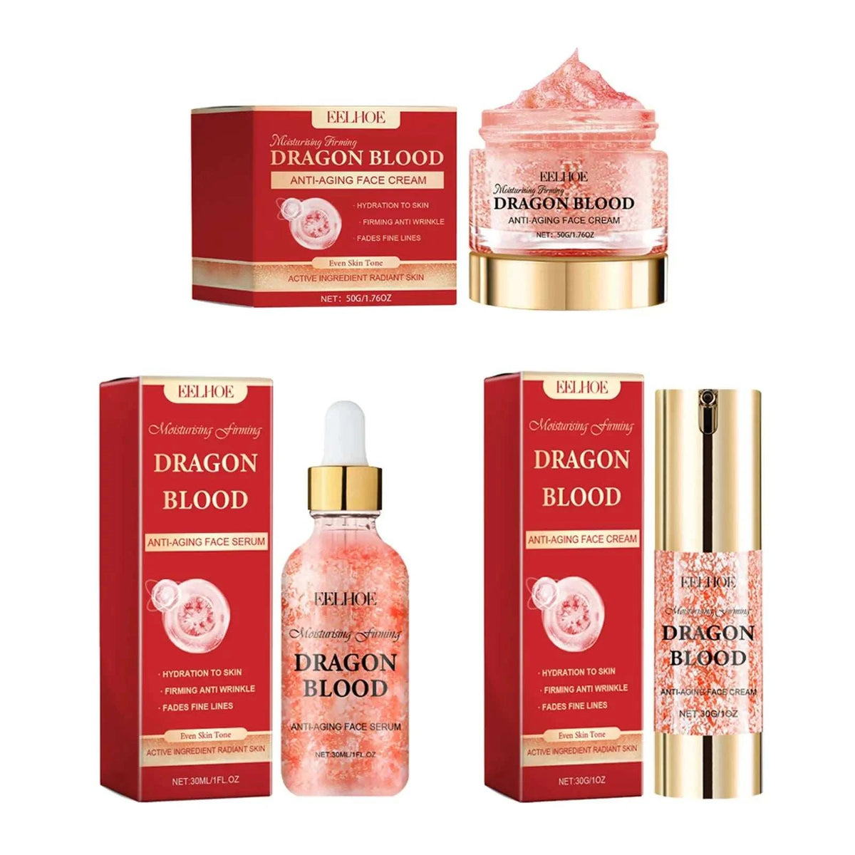 Dragon Blood Skincare Set with red packaging, pink serum and creams, and gold-accented containers