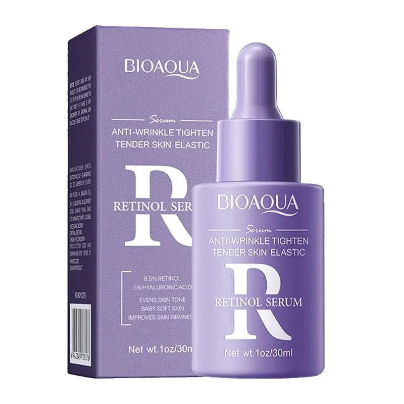 Facial Essence Serum in a lavender-purple glass dropper bottle, labeled BIOAQUA retinol serum with matching box packaging.