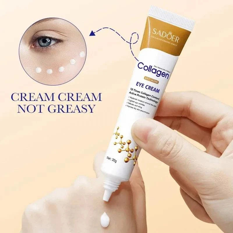 Collagen eye cream in a white squeeze tube with gold accents, shown dispensing a white cream drop for under-eye care