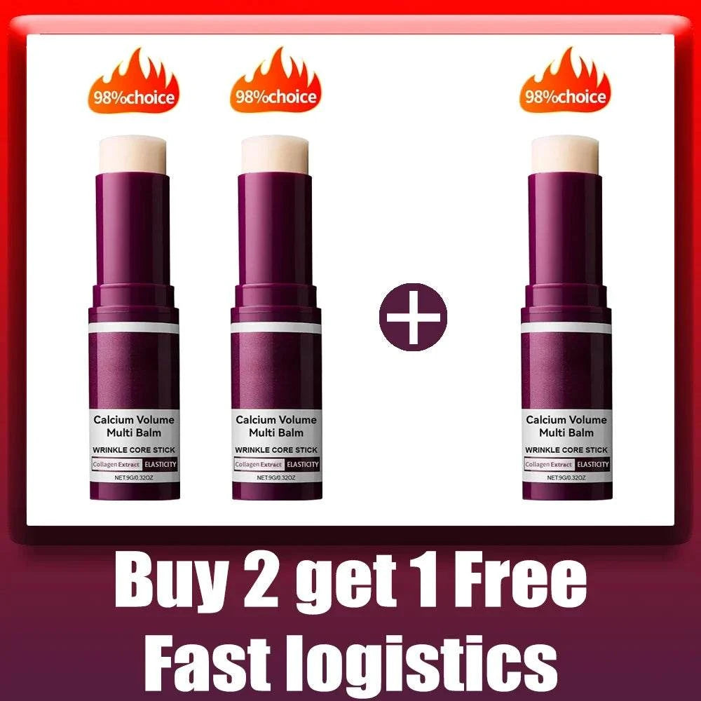 Wrinkle Bounce Moisturizing balm sticks in deep purple tubes with beige caps, shown as a three-pack offer