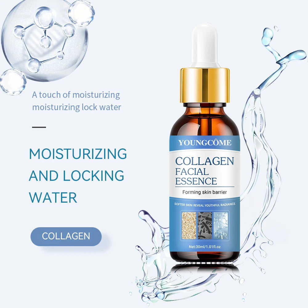 Collagen Face Serum in a glass dropper bottle, featuring blue and gold labeling with collagen essence text