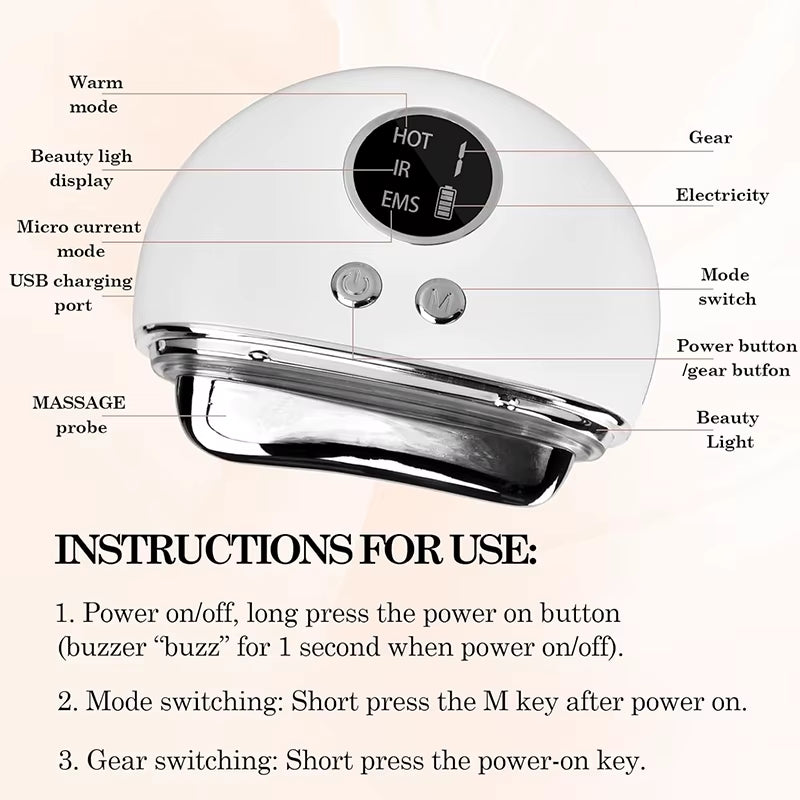 Electric EMS Gua Sha beauty massager with white ABS body, chrome scraping probe, EMS display and control buttons