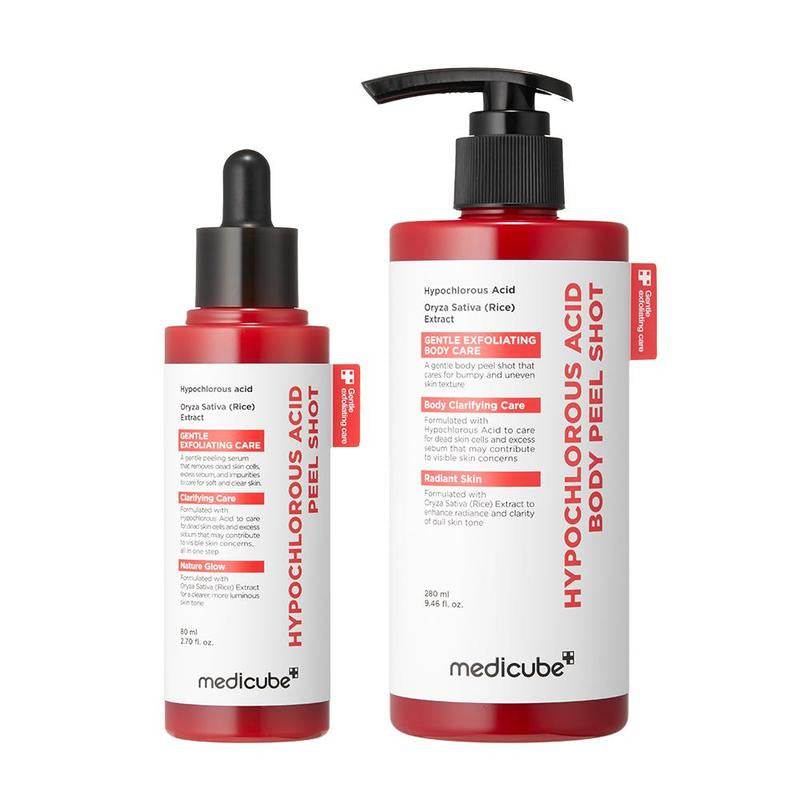 Hypochlorous Acid Peel Shot duo with red-and-white serum bottles, featuring a dropper and pump dispenser