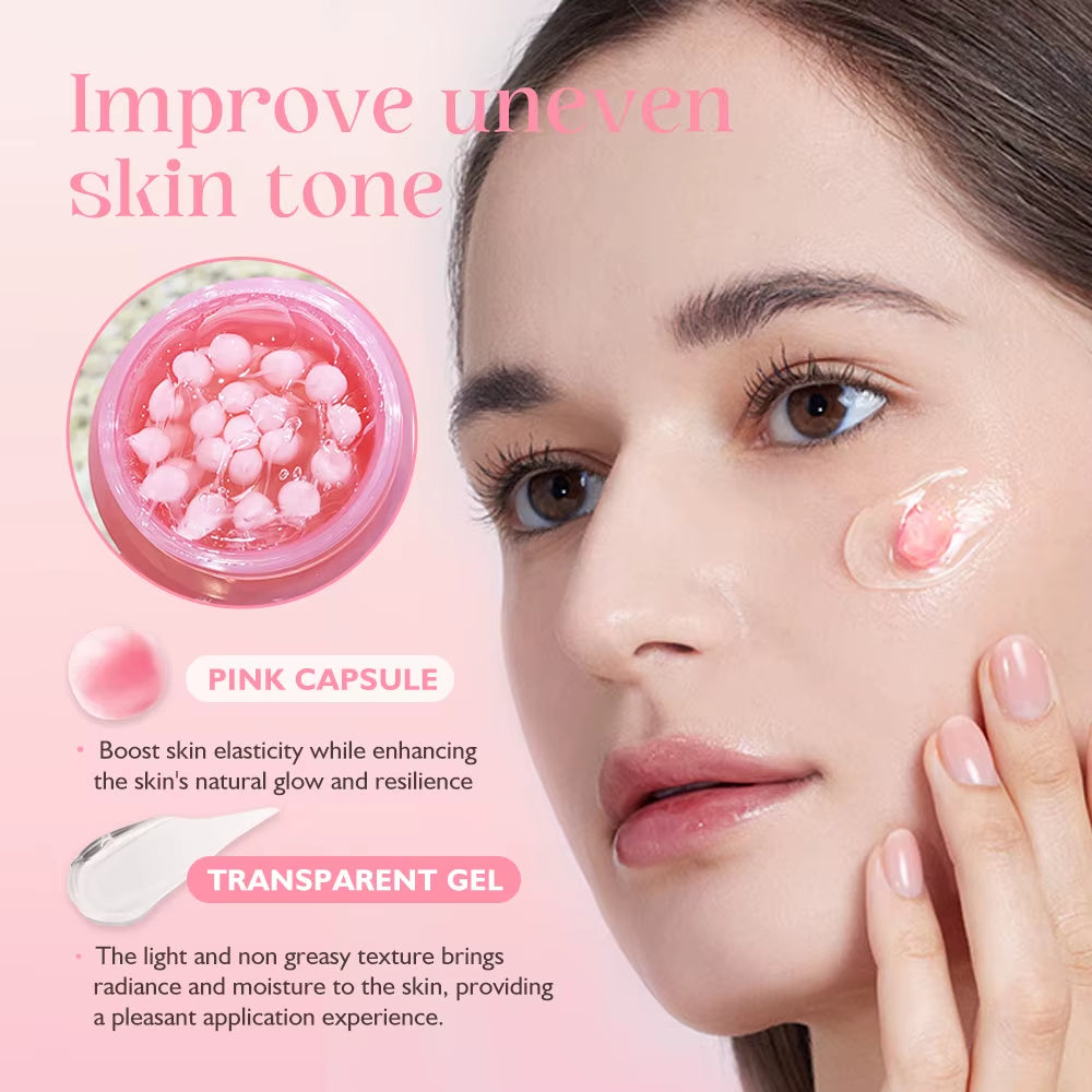 KOEC PDRN Pink Collagen Capsule Cream, pink gel cream with visible capsule beads and transparent glossy texture