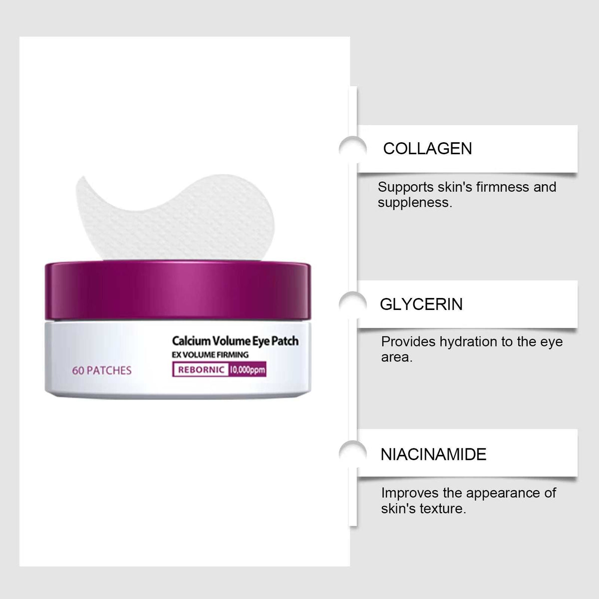 Calcium Skincare Set featuring a white eye patch jar with magenta lid and 60 textured patches