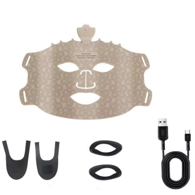 LED Photon Beauty Mask, beige patterned facial mask with eye and mouth cutouts, USB cable and chin straps
