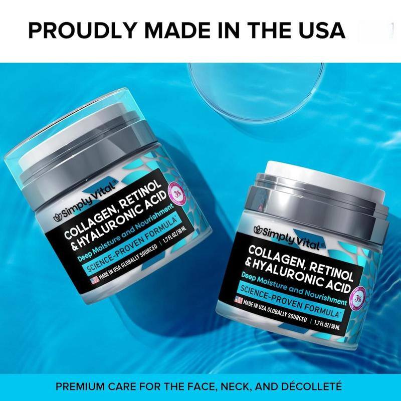 Anti-Aging Face Moisturizer cream jars with silver lids and turquoise labels, featuring collagen, retinol and hyaluronic acid