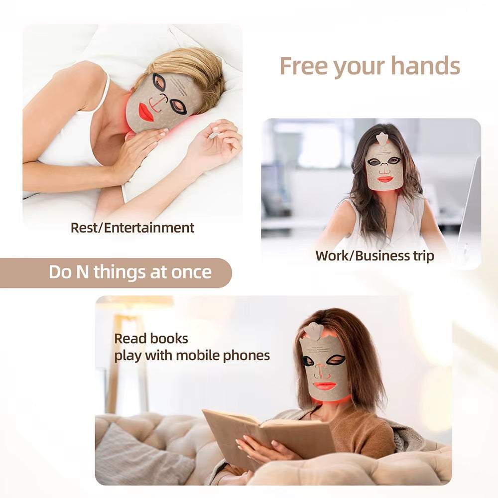 LED Silicone Facial Mask, beige silicone face mask with red LED lights and eye and mouth cutouts
