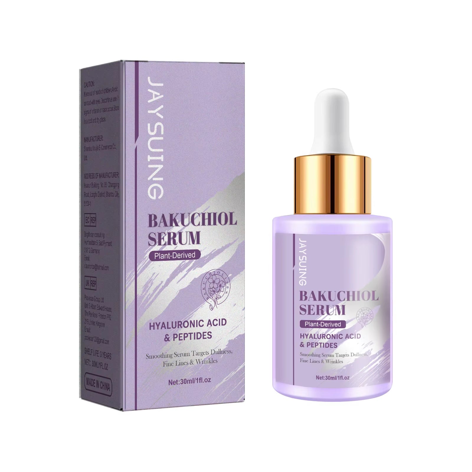 Bakuchiol Facial Rejuvenation Serum in a lavender glass dropper bottle with gold collar and matching box