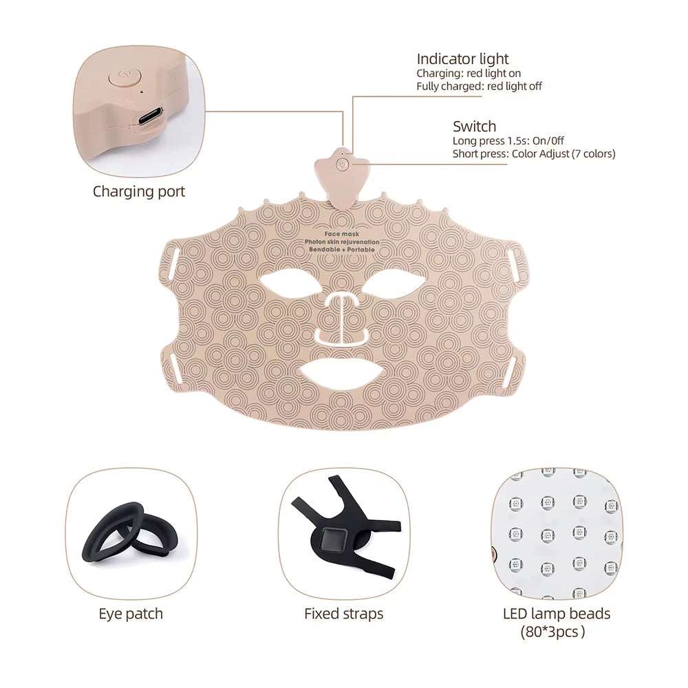 LED Silicone Facial Mask in beige silicone with circular pattern, eye openings, fixed straps and LED lamp beads