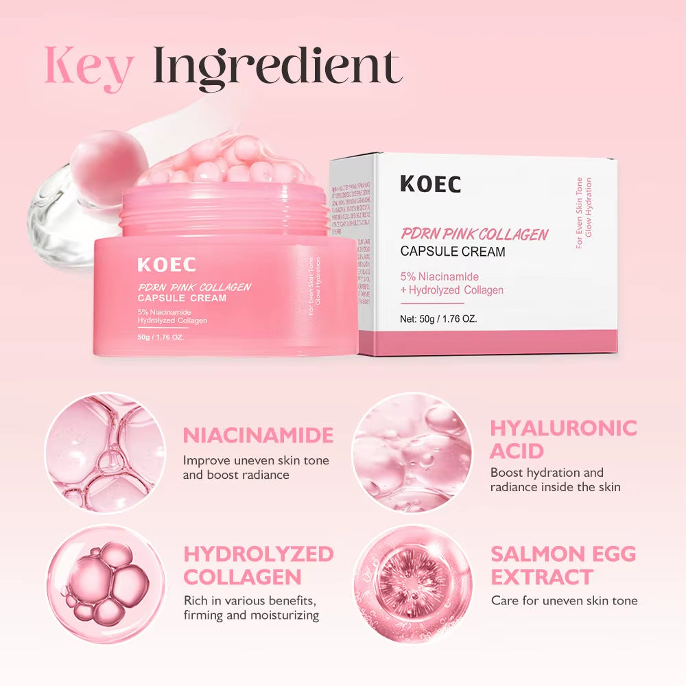 KOEC PDRN Pink Collagen Capsule Cream in a pink jar and box, featuring gel capsules and collagen formula text
