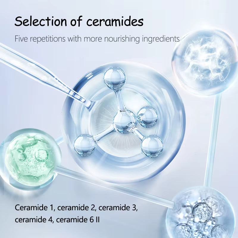 Ceramide Face Capsule Serum graphic with glossy translucent skincare capsules and molecular ceramide illustrations in blue and green tones