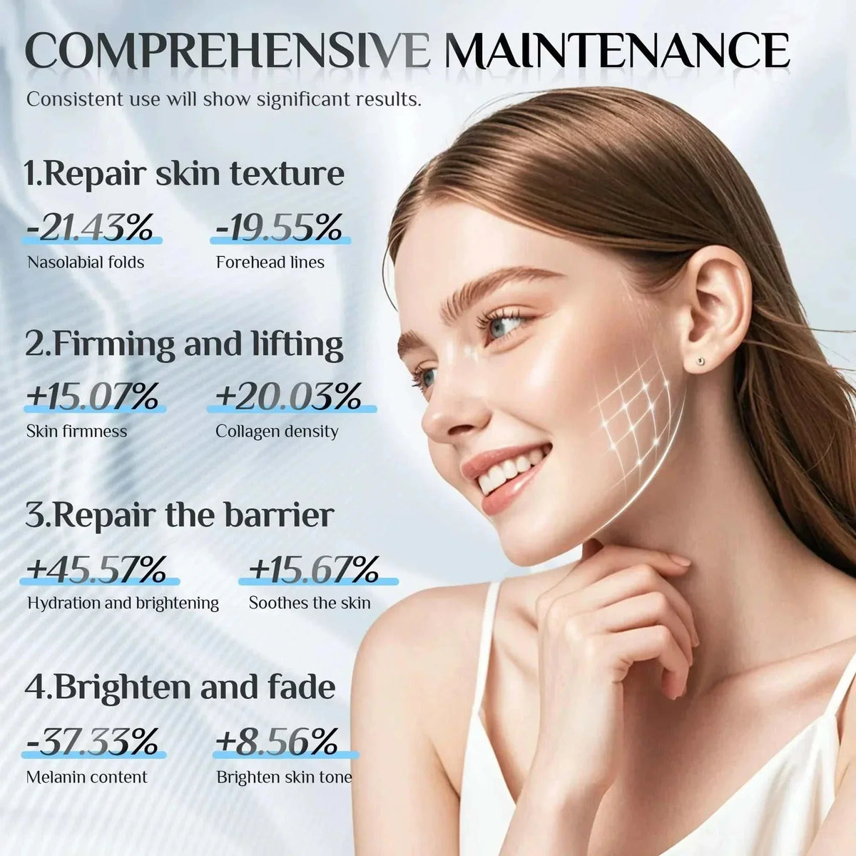 Young woman with smooth complexion smiling showing skin improvements like reduced wrinkles and firming effects from Age-R Booster Pro