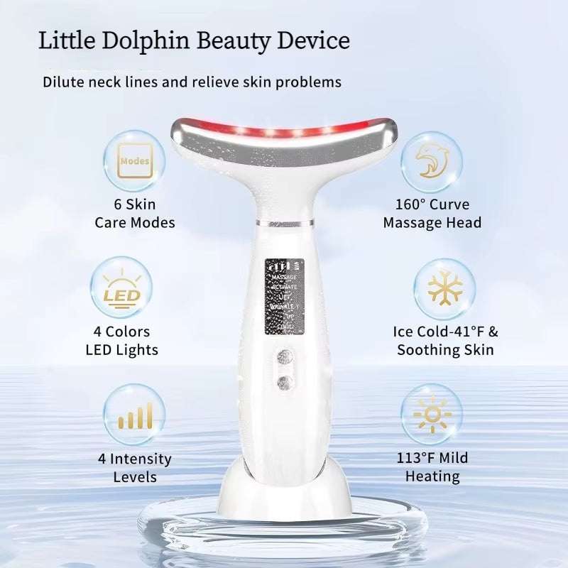 USB Facial Massager in white ABS with curved silver massage head, LED lights, heating and cooling functions