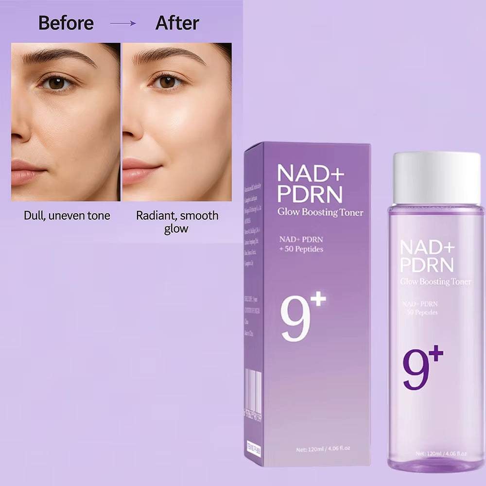 NAD+PDRN Glow Boosting Toner in a clear bottle with soft violet liquid, white cap, and matching purple box