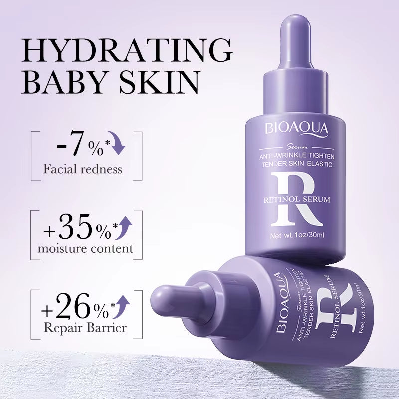 BIOAQUA Retinol purple glass facial serum bottles with droppers, labelled anti-wrinkle retinol serum for hydrated skin