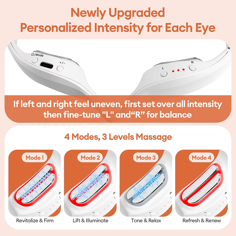 3D EMS Eye Massager in white, curved ergonomic design with four massage modes and three intensity levels
