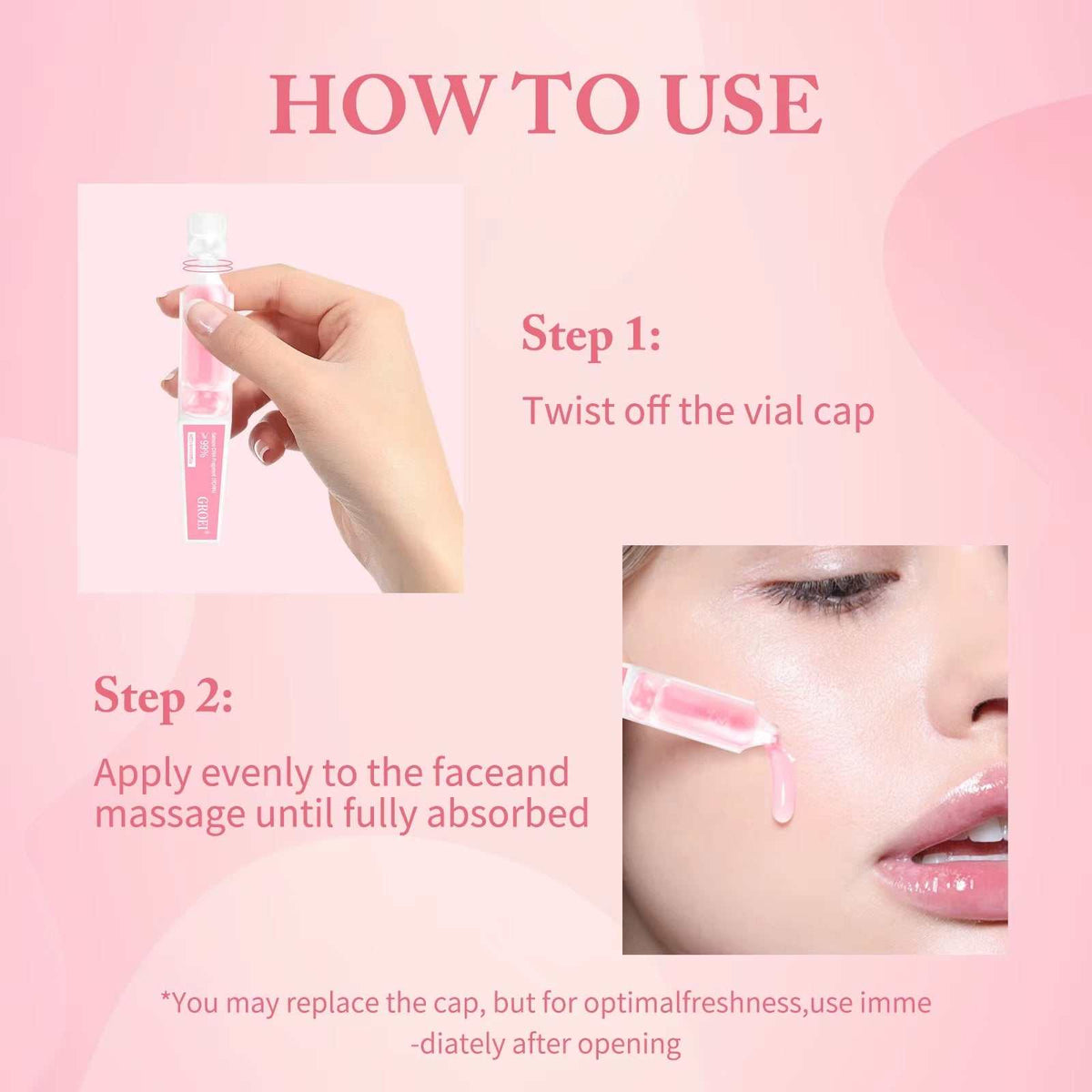 PDRN Serum usage guide showing a pink vial and facial application steps with twist-off cap instructions and massage directions