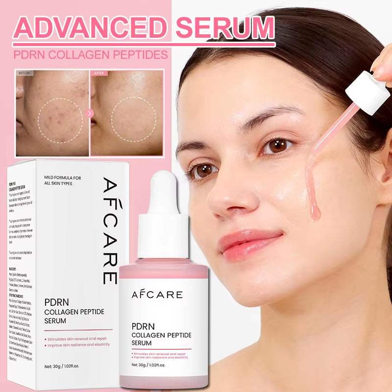 Korean Facial Serum in a pink-and-white glass dropper bottle with matching box and collagen peptide label
