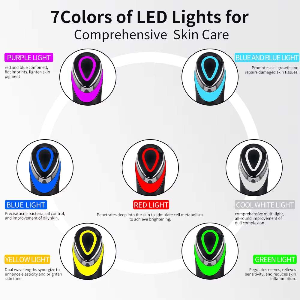 EMS Microcurrent Facial massager in black with metallic finish, shown in seven vibrant LED light colours for skincare.