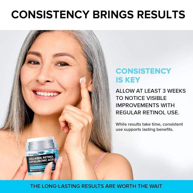 Anti-Aging Face Moisturizer cream jar with blue label, featuring collagen, retinol and hyaluronic acid skincare formula