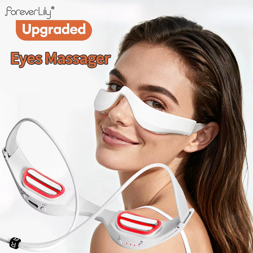 3D EMS Eye Massager in white plastic with red accents, contoured 3D eye coverage and wired controller