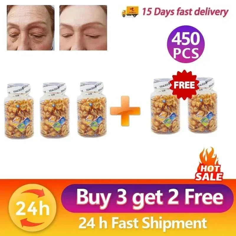 Brightening Anti Aging Serum shown as amber gel capsules in clear jars, with a before-and-after eye area and five jars promoted