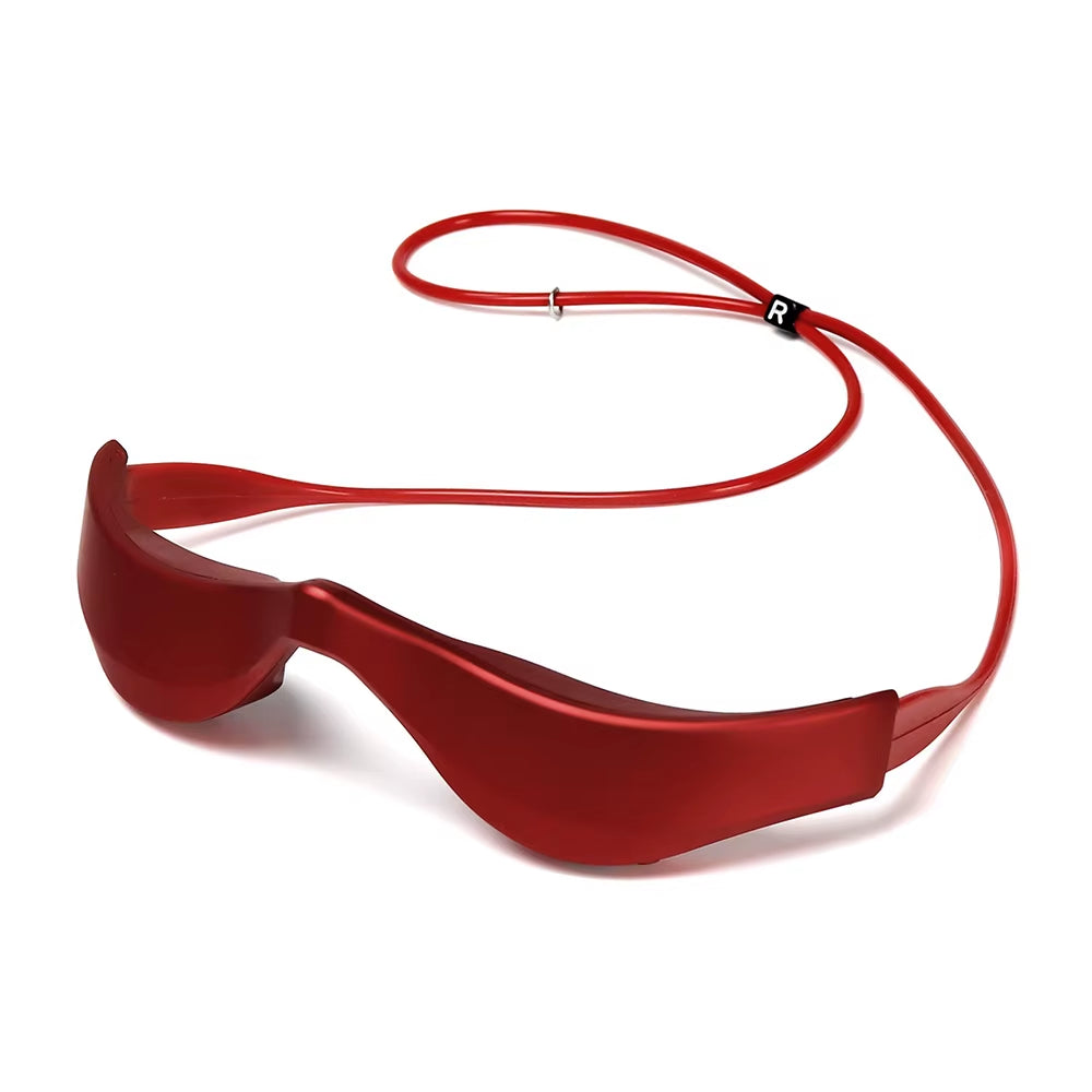 3D EMS Eye Massager in glossy red plastic with wraparound eye cups and an attached red cord like a tether