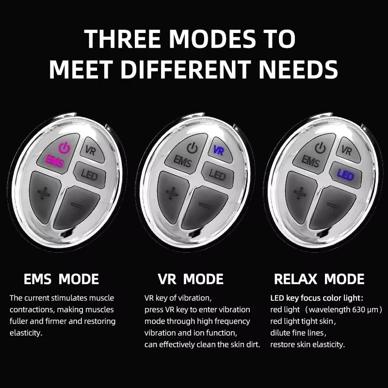 V Face EMS Mask, silver handheld facial device with EMS, vibration, LED and relax modes controls