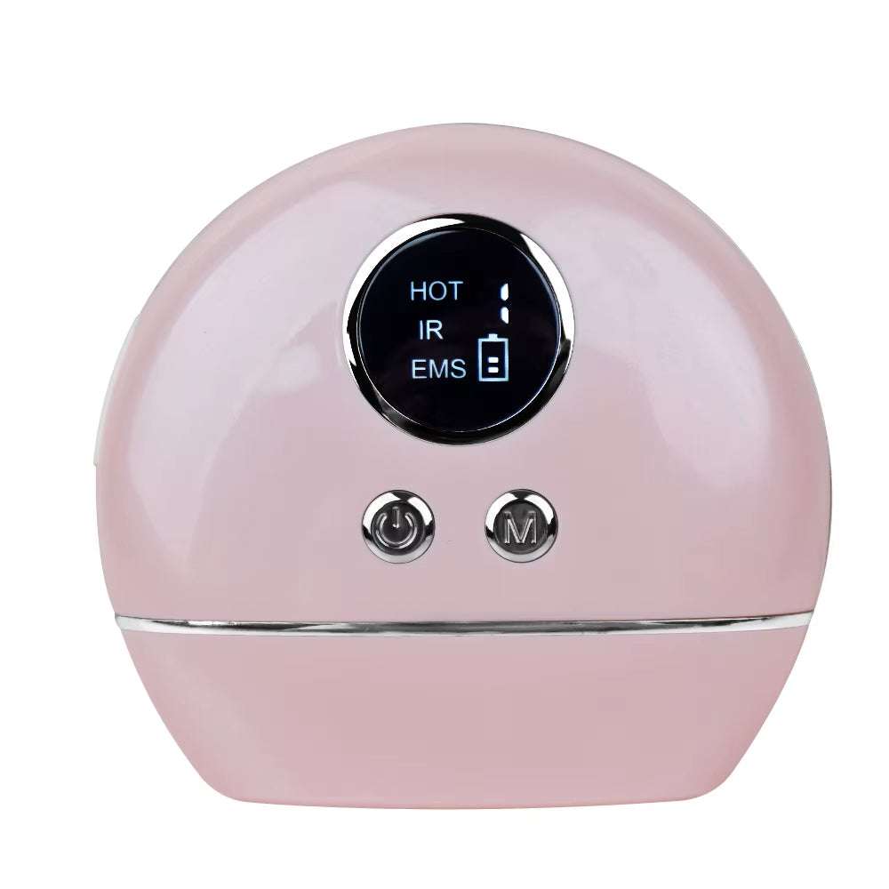 Electric gua sha facial tool in glossy pink with rounded design, display and two control buttons; Nysmart Library JMK