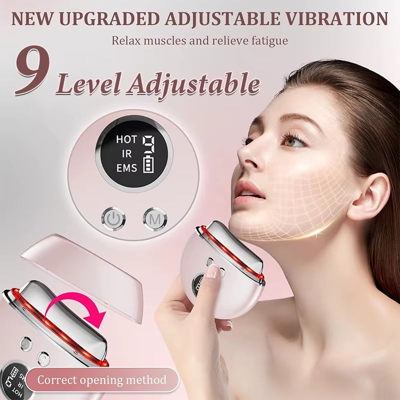 Electric EMS Gua Sha massager in pale pink and silver with a curved scraping head and adjustable vibration controls
