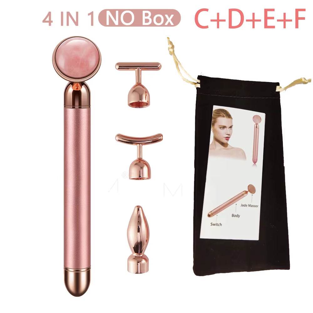 Electric Vibrating Facial Roller in rose-gold metal with four interchangeable massage heads and storage pouch