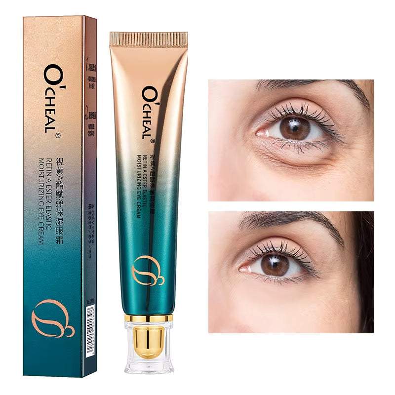 Moisturizing Eye Cream in a teal and champagne tube with pump dispenser, shown with eye-area results panels