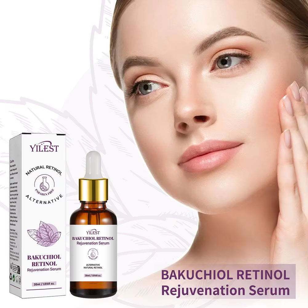 Bakuchiol Retinol Rejuvenation Serum in an amber glass dropper bottle with purple and white packaging