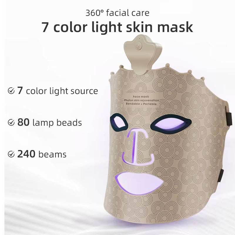 LED Photon Beauty Mask in beige patterned material with purple LED eye, nose and mouth light panels and adjustable straps