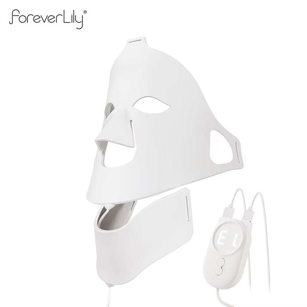 Silicone LED Facial Mask in white with matching neck guard, eye openings and wired handheld controller