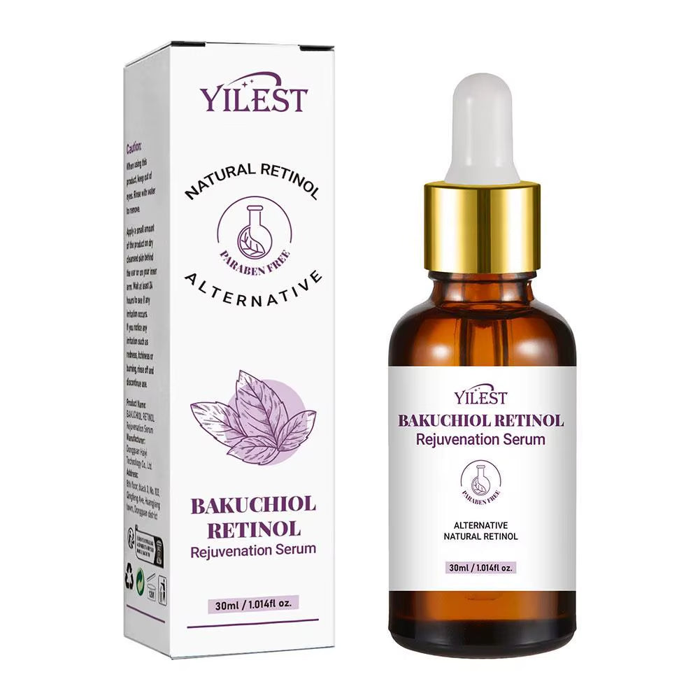 Bakuchiol Retinol Rejuvenation Serum in an amber glass dropper bottle with white and gold label, boxed packaging