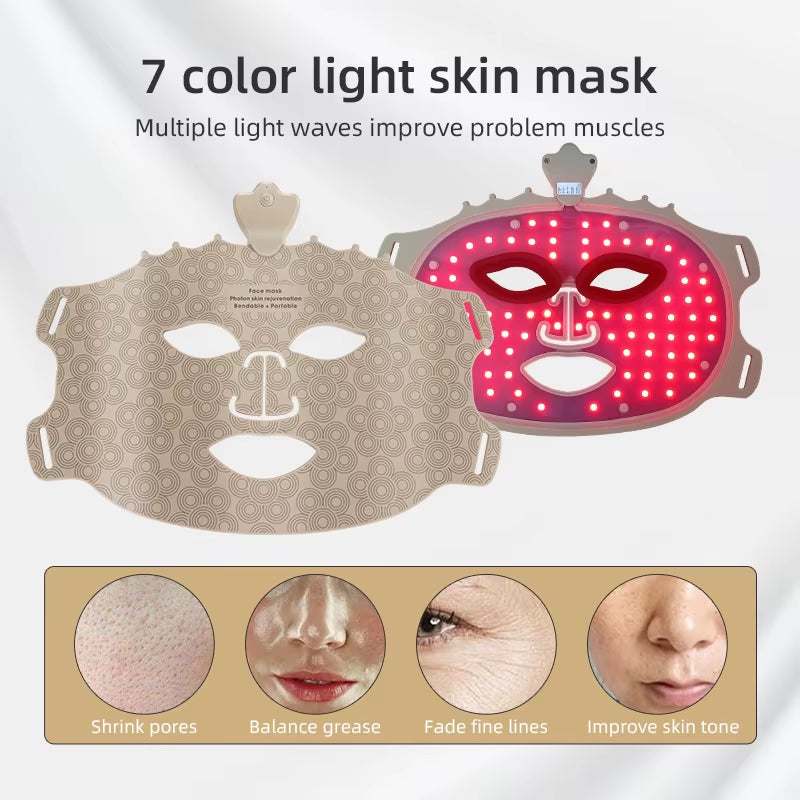 LED Photon Beauty Mask, beige patterned silicone face mask with eye, nose, mouth cutouts and red LED mask behind it