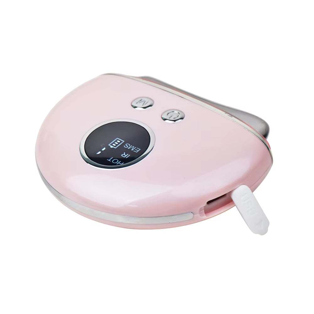 Electric gua sha facial tool in pink plastic with rounded design, display screen and charging cable, Nysmart Library JMK