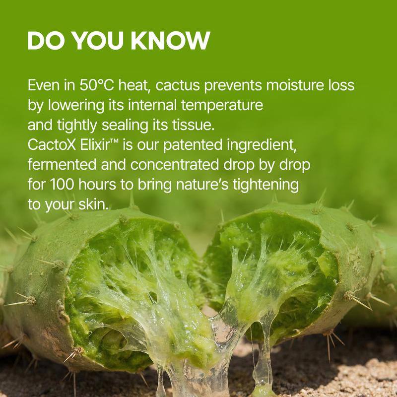 Cactus skincare graphic with two cut cactus pads and clear gel, highlighting moisture retention and skin tightening