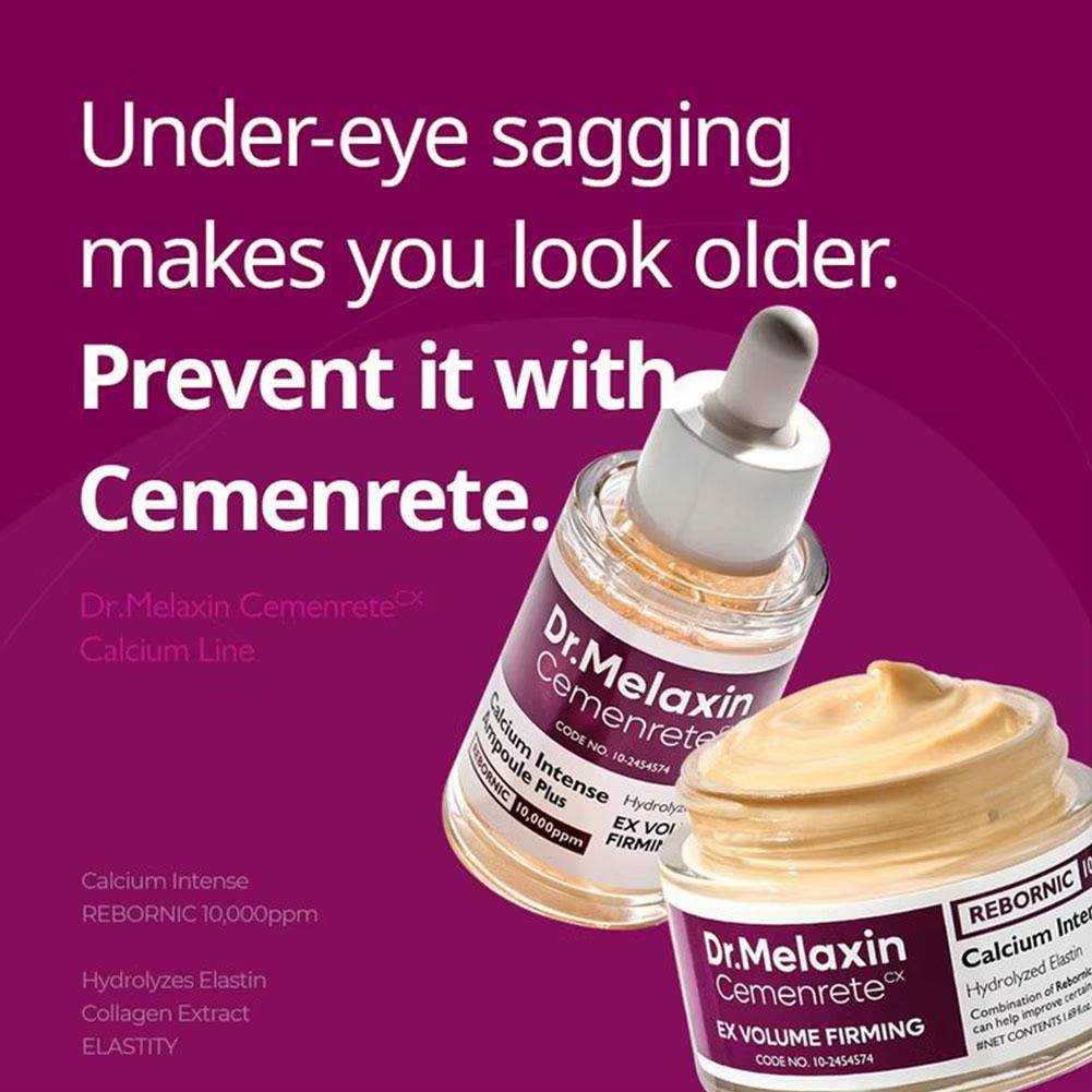 Calcium Intense Ampoule Firming Cream shown in an open jar with pale beige cream beside a glass dropper bottle
