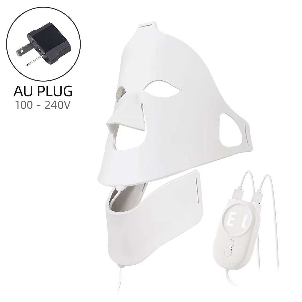 Silicone LED Facial Mask in white silicone, with separate face and neck sections, eye cutouts and wired controller