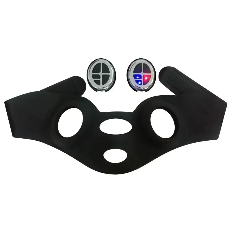 V Face EMS Mask, black wearable facial device with circular eye and mouth openings, separate EMS control pods